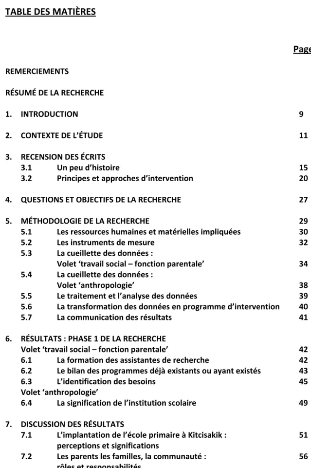 TABLE DES MATIÈRES       Page    REMERCIEMENTS    RÉSUMÉ DE LA RECHERCHE                     1