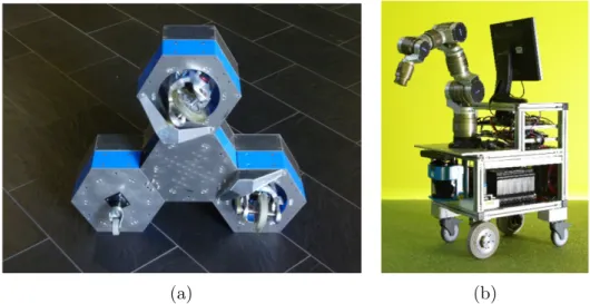 Figure 2.5: The experimental 2 wheeled SWMR used in [GH14] (a), and (b) another 2 wheeled steerable mobile manipulator used in [SMG15].
