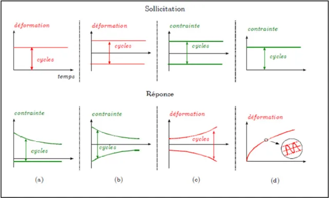 Figure 2.5 Chemins de sollicitation possibles et courbes enveloppes des cycles réponses  obtenues en déformation imposée (a et b) et contrainte imposée (c et d) 