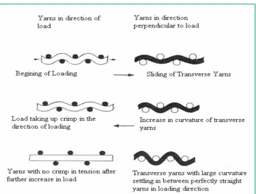 Figure 3.9 Interaction des fils de chaîne et de trame pendant un essai   de traction d’un tissu Tirée de Van Santrvoort (1994) 