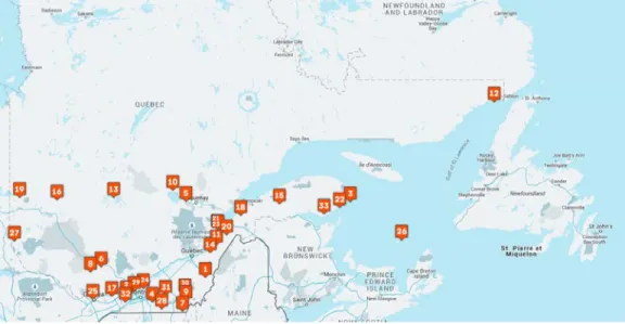 Figure 1.  Carte géographique des laboratoires ruraux du Québec (source : Joël Nadeau, 2015)