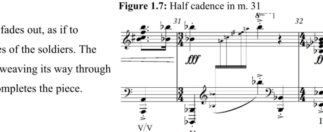 Figure 1.7: Half cadence in m. 31  The section gradually fades out, as if to 
