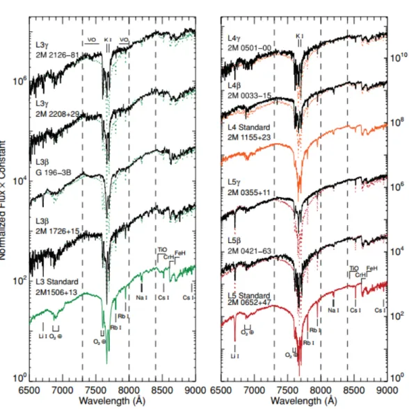 Figure 1.1 – Spectres de naines brunes de types L3 à L5 dans le rouge visible. Les traits noirs γ représentent les spectres des naines brunes ayant une très basse gravité et les β , celle avec une gravité moyenne à basse