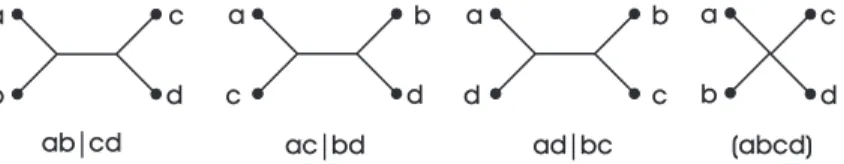 Figure 2.2: The four possible quartet topologies for { a, b, c, d } .