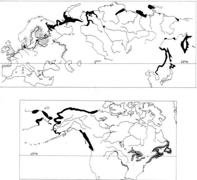 Figure 1.1 : Carte de la distribution mondiale du genre Osmerus. La répartition  d'Osmerus eperlanus apparaît en moucheté, celle d’Osmerus mordax dentex en noir, et  celle d’Osmerus mordax mordax en hachuré