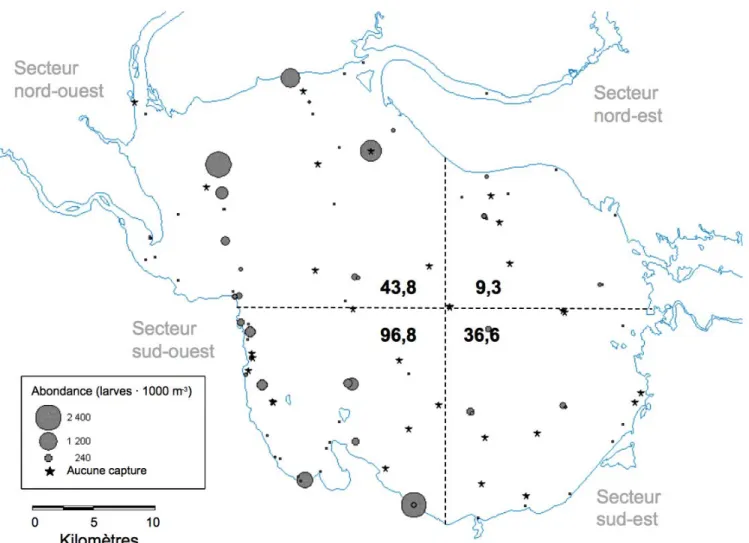 Figure 2.2 : Carte de la distribution de l'abondance des larves d'éperlan arc-en-ciel (larves · 1000 m -3 ) au lac Saint-Jean en juin lors  d’échantillonnages entre 1997 et 2010