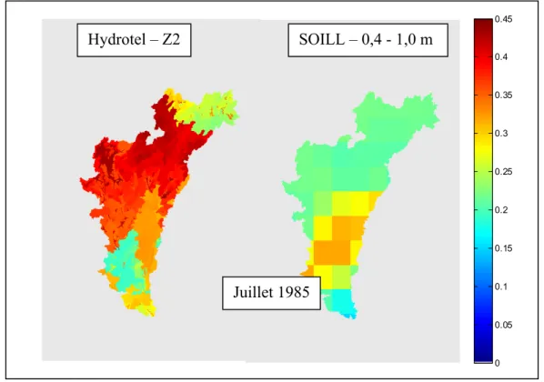 Figure 2.4 Humidité du sol moyenne au mois de juillet 1985 pour la couche Z2 sous  Hydrotel versus SOILL 0,4-1,0 m provenant des réanalyses