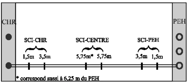 Figure 2 : Schéma d’un transect en SCI entre un chêne  rouge  (CHR)  et  un  peuplier  hybride  (PEH)  montrant  les distances d’échantillonnage et les groupements de  distance (SCI-CHR, SCI-CENTRE et SCI-PEH)