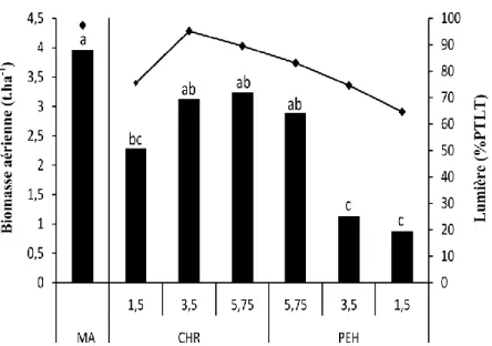Figure  5 :  Biomasse  aérienne  du  fourrage  (t  ha -1 )  et  pourcentage total de lumière transmissible (PTLT) à  1 m du  sol en monoculture (MA) et en SCI en fonction de la distance  (1,5 m, 3,5 m et 5,75 m) aux arbres (CHR et PEH)