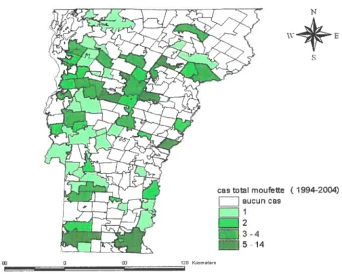 Figure 8. bistribution de fréquence des cas de rage chez la moufette selon le Zip. Vermont 1994 - 2004