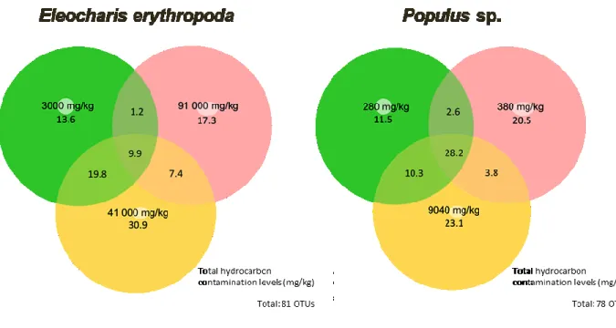 Figure 5. Venn diagrams showing OTUs shared in percentage between contaminant levels for  Eleocharis erythropoda and Populus sp