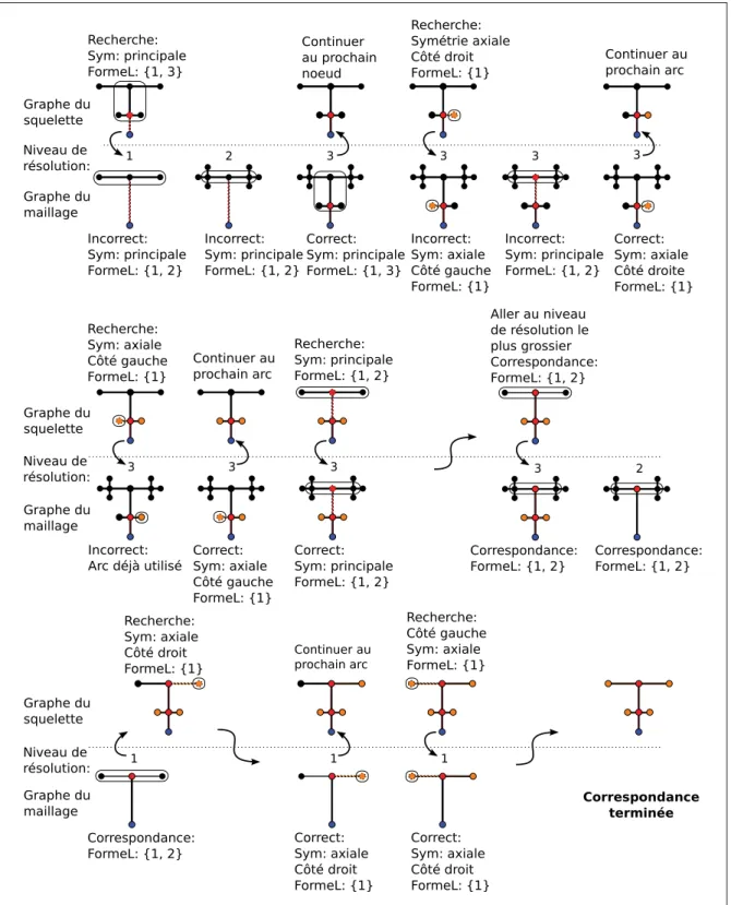 Figure 3.12 Étapes d’une correspondance multirésolution. Noeud racine en bleu. Axes de symétrie colorés lorsqu’une correspondance est trouvée.
