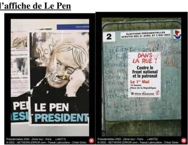 figure N° 1, l’affiche peut être totalement remplacée et la transformation peut enfin  se caractériser par un ajout d’inscriptions (fig. N° 2).  Dans l’exemple du détournement de l’affiche officielle de Le Pen pour le second  tour (fig. N° 1), on a trois t