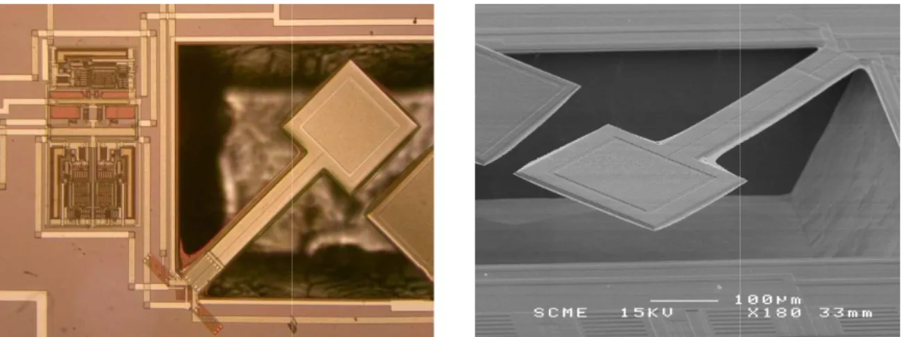 Figure 22 : Photographies au microscope optique et MEB des prototypes d’accéléromètres piézorésistifs  (le circuit d’amplification apparaî