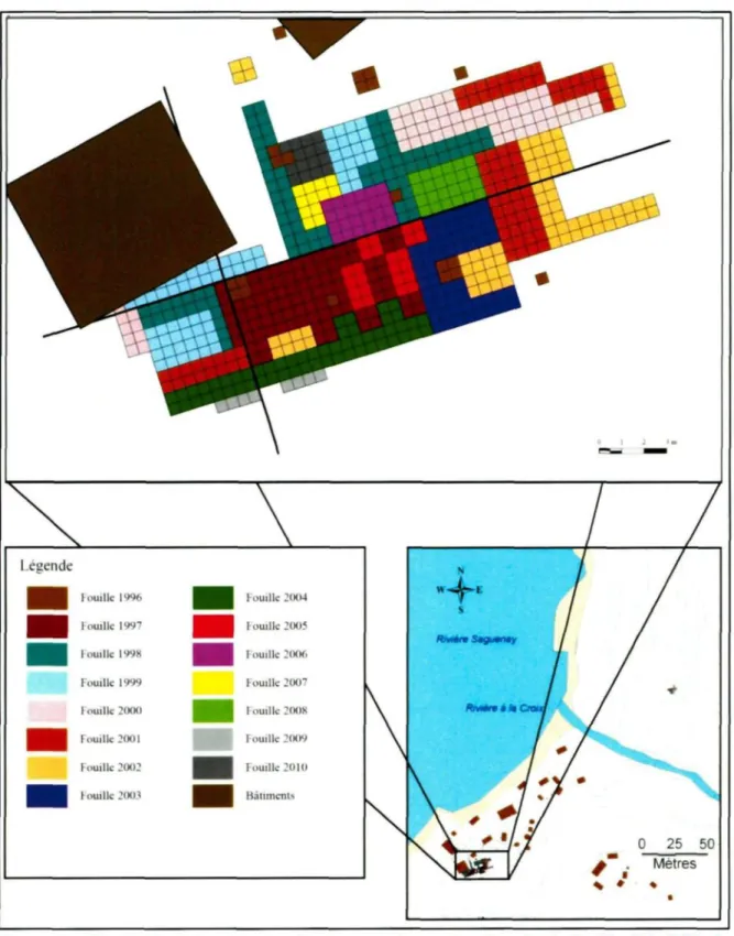 Figure 2 : Site DcEp-2, localisation des interventions selon l'année de fouille (Modifiée à partir de Lavoie-Painchaud et al