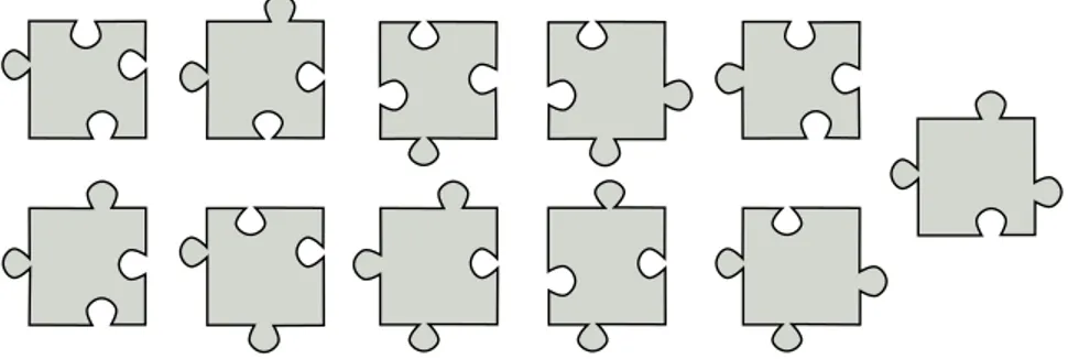 Figure 10 – Peut-on faire un puzzle aussi grand qu’on veut avec ces pièces ? Ce jeu de 11 pièces est le plus petit qui admette un puzzle infini, mais aucun puzzle périodique (Jeandel &amp; Rao, 2015).