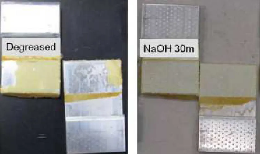 Fig. 12. Image of the ruptured specimen of AA 6061 aluminum alloy treated in 0.1 M  NaOH for 30 min as compared to acetone degreased aluminum surface after 