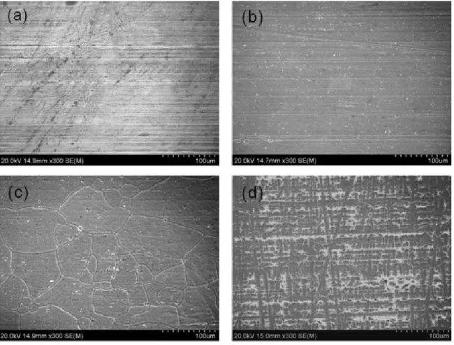 Fig. 1. SEM images of (a) acetone degreased AA 6061 aluminum alloy surfaces and  those treated with 0.1 M NaOH solution for a period of (b) 5 min, (c) 30 min and (d)  60 min