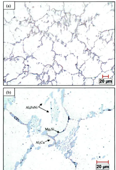 Figure 4.1 Optical micrographs showing the as-cast micro structure of the AA2618 alloy at: (a) low magnification (200x); and (b) high magnification (500x).