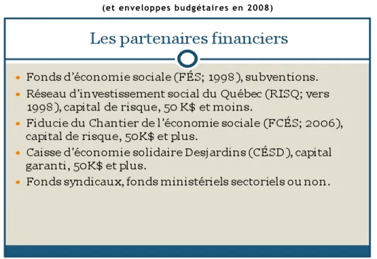 Tableau 3 : Partenaires financiers, année de création  (et enveloppes budgétaires en 2008) 