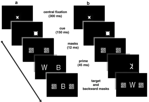 Fig. 1. Structure of a typical trial for the main experiment (a) and the visibility task (b).