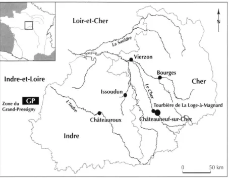 Fig.  1  - Localisation de la zone d'étude : région  Centre.  Localisation de la zone du Grand-  Pressigny,  de la tourbière de La Loge-à-Magnard 