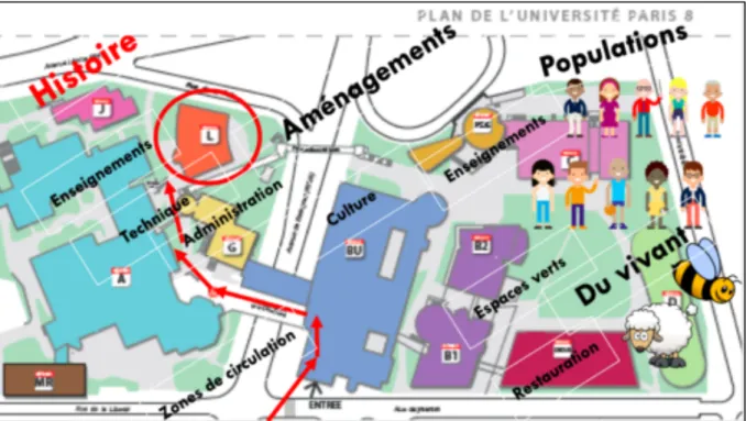 Figure 1 : Plan de l’Université Paris 8 issu du site internet de l’Université enrichi pour illustrer  les dimensions multiples de ce territoire 