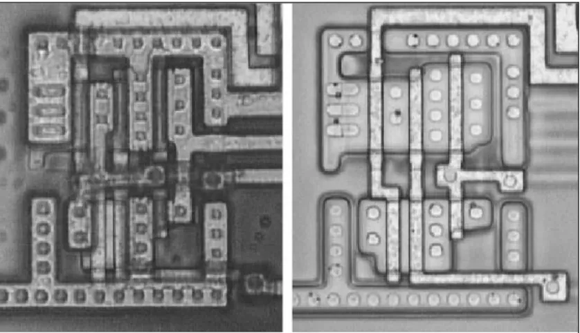 Figure  I.14 : Photographie d’une porte NAND avant et après retrait de la couche  de passivation