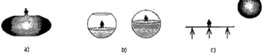 Figure 8.  Modèles  synthétiques de  la  Terre: a)  la  Terre  aplatie,  b)  la  sphère  creuse,  c)  la Terre duale