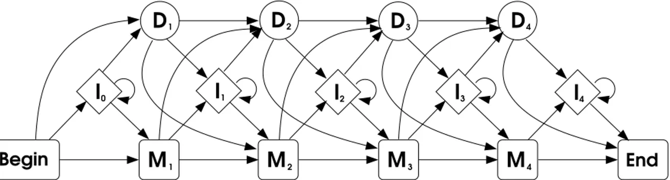 Figure 3.3. Un HMM profil de longueur 4 structuré selon les idées de Krogh et Haussler.