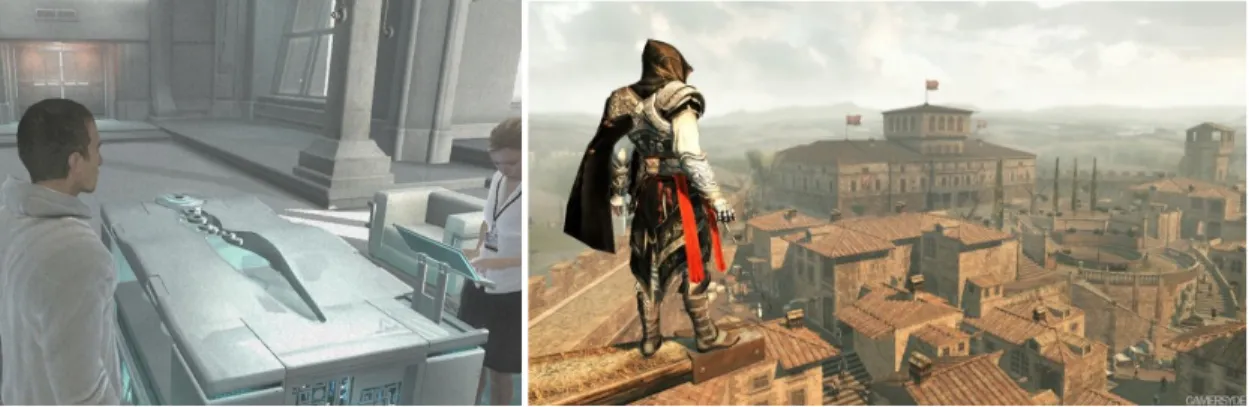 Figure 20 : Assassin’s Creed II (Ubisoft, 2009), détail d’une capture d’écran représentant  l’avatar Desmond près de l’Animus, image tirée de l’adresse Internet suivante : 