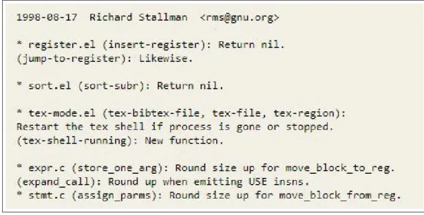 Figure 1.1 Figure showing an example of change log format taken from Emacs and GCC (GNU)