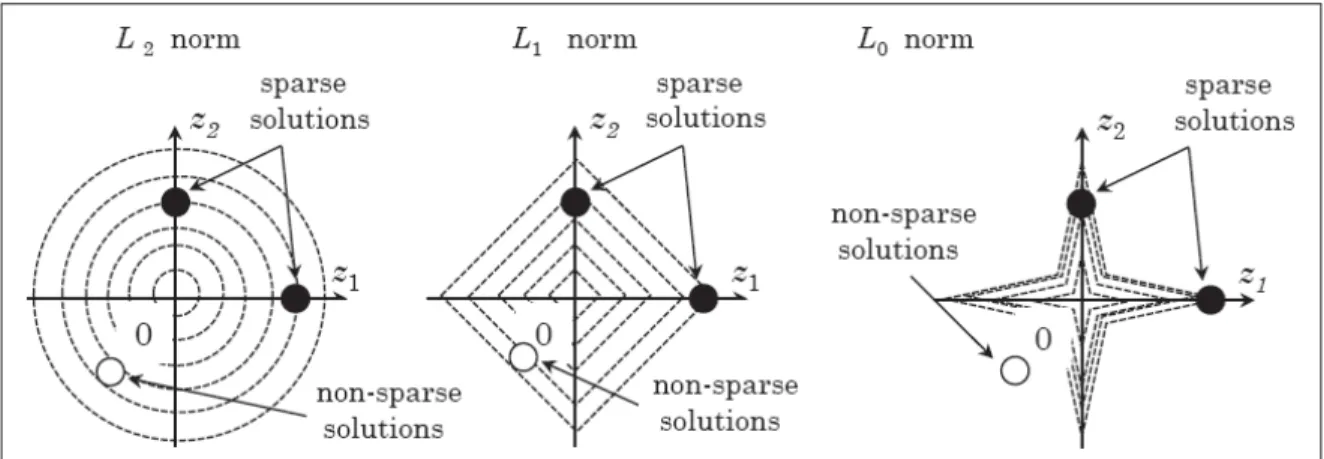 Figure 1.9 Illustrative example of L 0 , L 1 and L 2 norms in the 2D plane. Source: (Kudo et al., 2013).