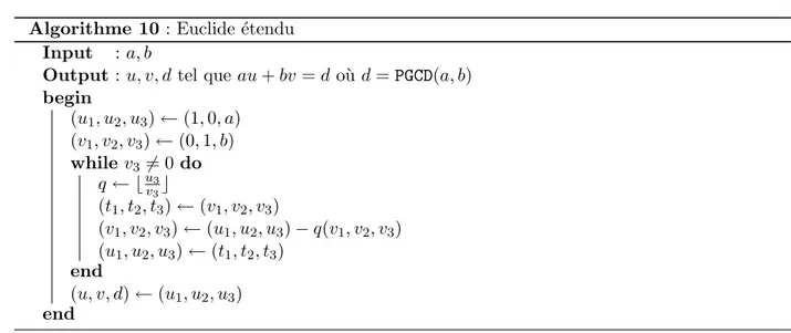 Tab. 2.1 – Exemple d’utilisation de l’algorithme d’Euclide ´ etendu.