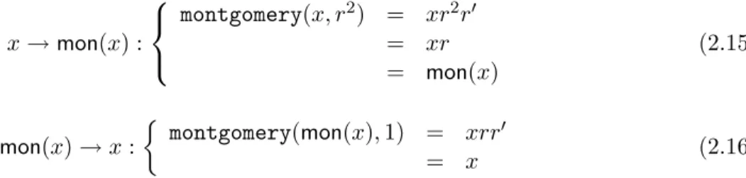 Tab. 2.5 – Exemple de conversion dans la repr´ esentation de Montgomery.