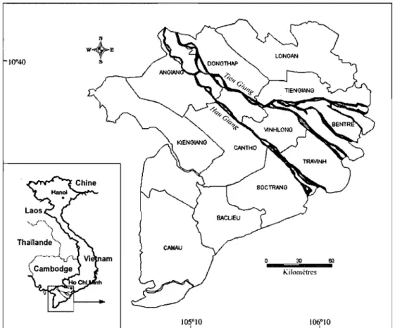Figure  1 : Le delta du Mékong et les deux cours principaux du  fleuve au  niveau du delta (Nhan et al.,  2007) 
