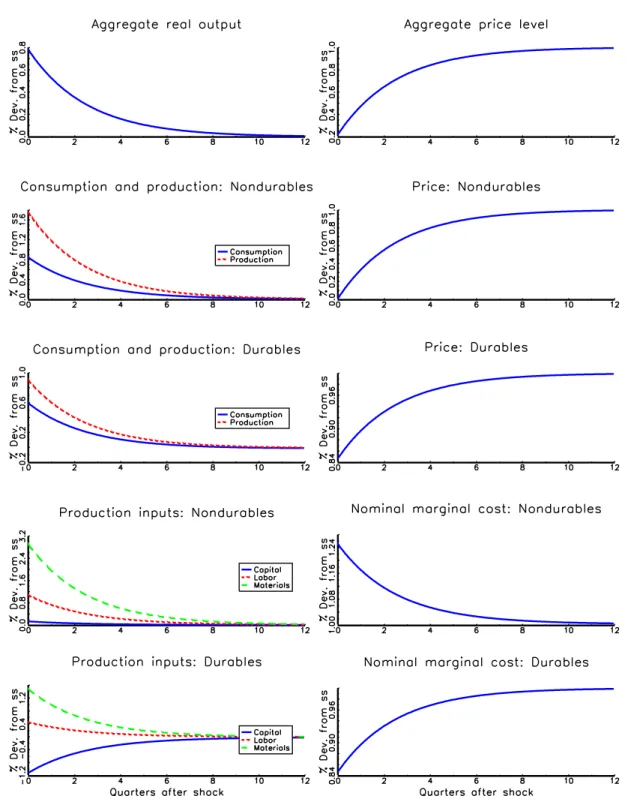 Figure 3: Impulse responses to a 1 percent permanent increase in money supply: Model with imperfect labor mobility and materials inputs.