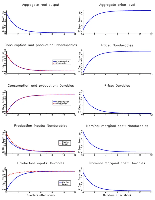 Figure 4: Impulse responses to a 1 percent permanent increase in money supply: Model with imperfect labor mobility but without materials inputs.