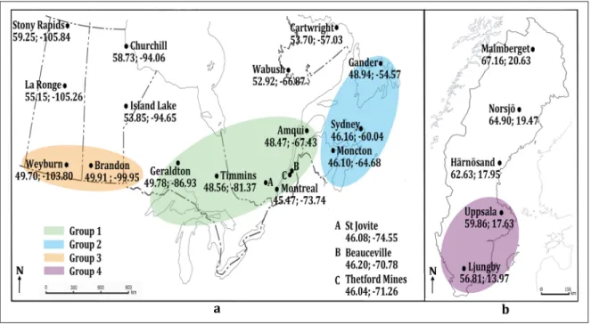 Figure 2.2 Locations of the 23 sites in Canada (a) and Sweden (b).