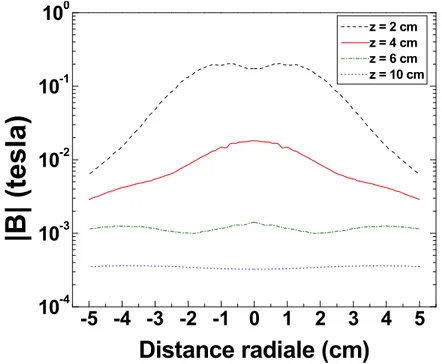 Fig. 2.2. Profil radial de l’intensité du champ magnétique B créé par des aimants 