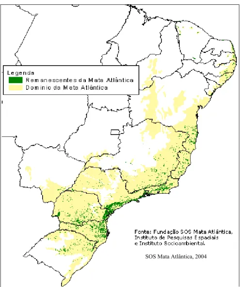 Figure 1.3. Aires initiales et résiduelles de la Mata Atlântica depuis la dernière glaciation