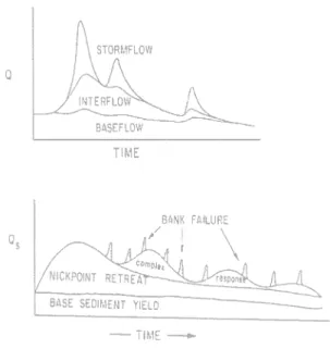 Figure 1.11 Modes de contribution aux débits liquides et solides pendant une crue (Schumm et aÏ., 1987).