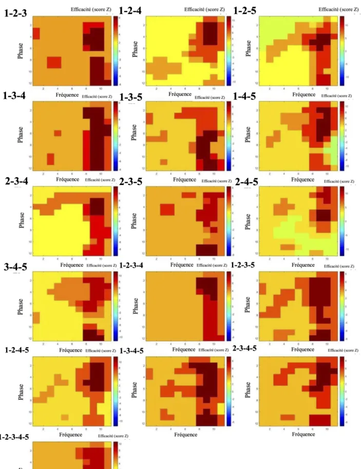 Figure 8 : Analyses de conjonctions phase-amplitude moyennes pour toutes les combinaisons de plus de deux lettres