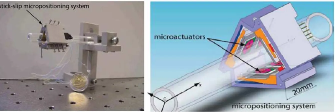 Fig.  1.37  shows  an  example  of  the  stick-slip  piezoelectric  motor;  it  has  2DOFs:  translation  and rotation