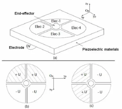 Fig. 1.38. Configuration of 2DOFs piezoelectric actuator, (a) Four used electrodes, (b) motion following  O p x p , (c) Motion following O p y p  [RAK 06a]
