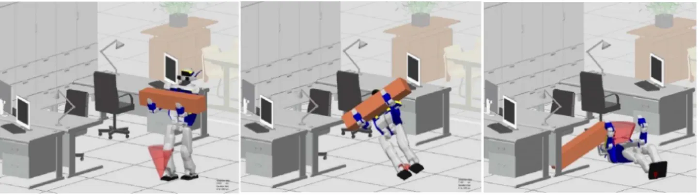 figure 3.6: Le robot HRP-2 porte une boîte lourde en marchant et perd l’équilibre.