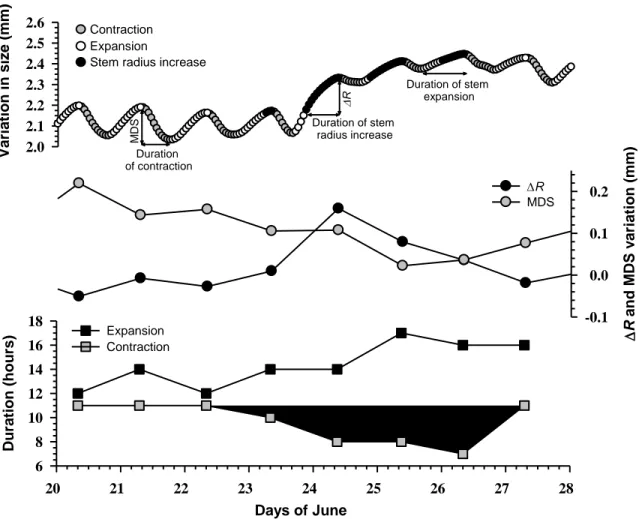 FIGURE 1  R and MDS variation (mm)-0.10.00.1R0.2MDS Days of June20  21  22  23  24   25   26   27   28  Duration (hours)681012141618ExpansionContractionVariation in size (mm)2.02.12.22.32.42.52.6ContractionExpansion