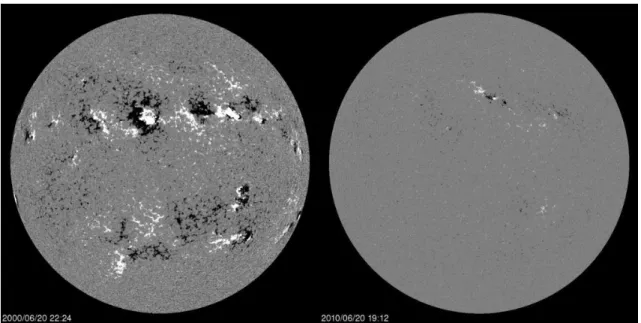 Figure 1.3: Magn´ etogrammes du disque complet acquis par l’instrument MDI ` a bord de l’observatoire spatial SOHO