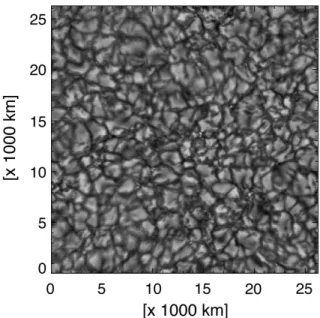 Figure 1.5: Image de la surface du Soleil (photosph` ere) ` a haute r´ esolution. On peut remarquer les cellules convectives o` u les zones plus sombres correspondent ` a la mati` ere plus froide qui coule vers l’int´ erieur du Soleil tandis que les cellul