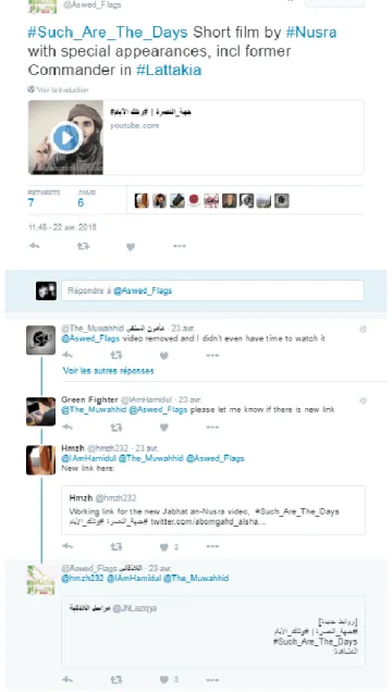 Figure  6.  Capture  d’écran  d’une  rediffusion  de  vidéo  par  les  sympathisants  jihadistes  sur  Twitter